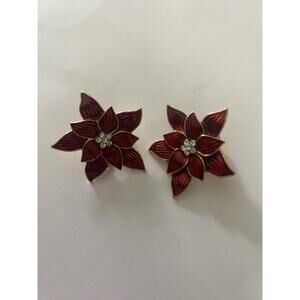 Vintage Eisenberg Ice Red Enamel & Rhinestone Poinsettia Flower Clip Earrings